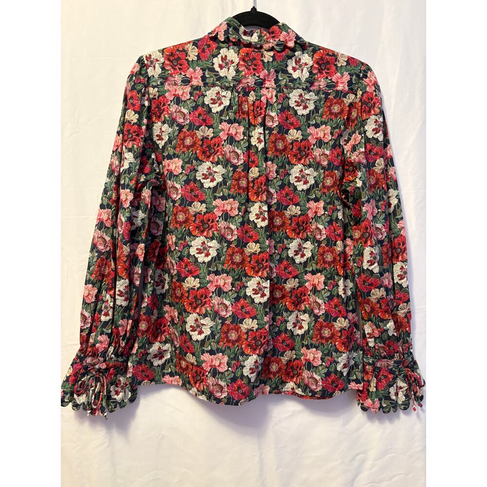 J. Crew Liberty Scalloped-Sleeve Popover Top Red Tie Collared Sz S - Picture 2 of 6